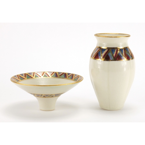 990 - Bridget Drakeford studio pottery vase and footed bowl, each hand painted with an abstract design, in... 