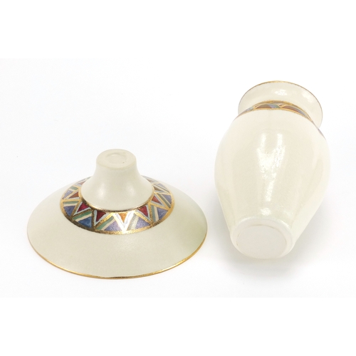 990 - Bridget Drakeford studio pottery vase and footed bowl, each hand painted with an abstract design, in... 