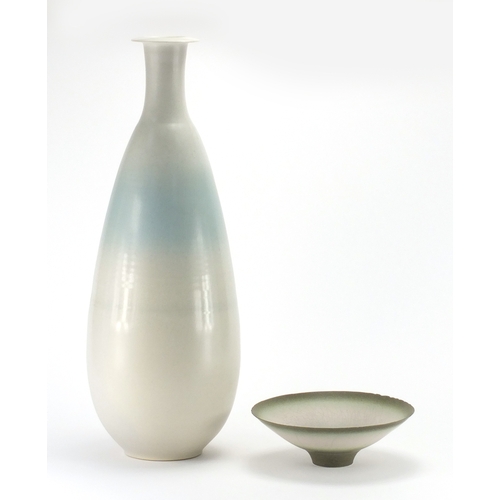 992 - Large David White studio pottery vase and footed bowl, impressed marks to the bases, initials to the... 