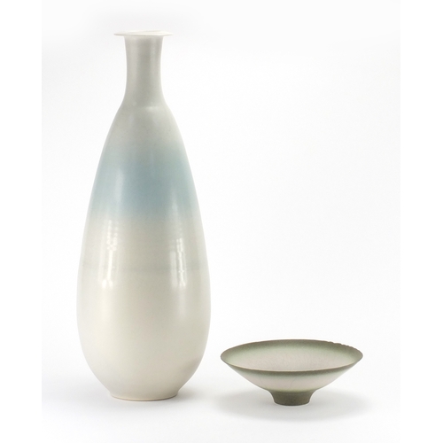 992 - Large David White studio pottery vase and footed bowl, impressed marks to the bases, initials to the... 