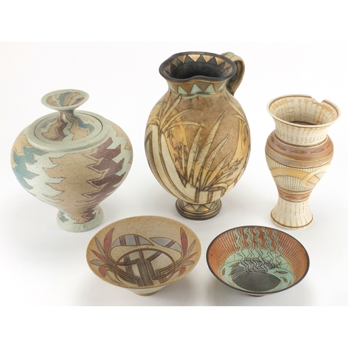 995 - Laurel Keeley studio pottery comprising a jug, two vases and two bowls, each with incised initials, ... 