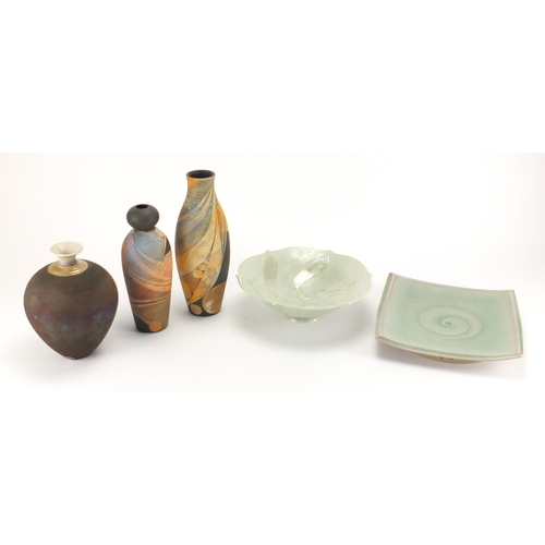 998 - Studio pottery including a fish bowl by Jane Smith and two vases with an abstract design, various im... 