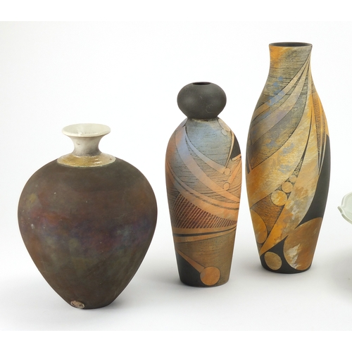 998 - Studio pottery including a fish bowl by Jane Smith and two vases with an abstract design, various im... 