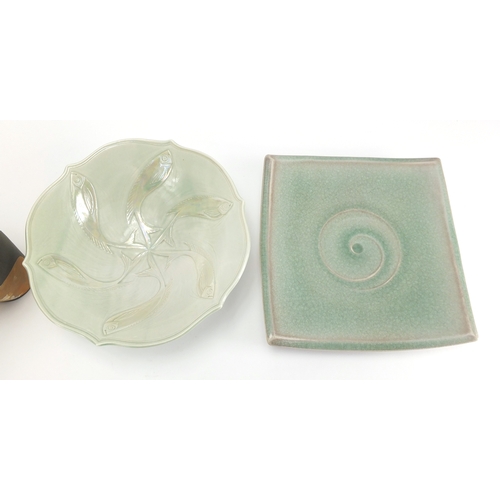 998 - Studio pottery including a fish bowl by Jane Smith and two vases with an abstract design, various im... 