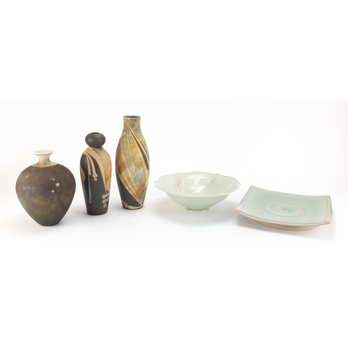 998 - Studio pottery including a fish bowl by Jane Smith and two vases with an abstract design, various im... 