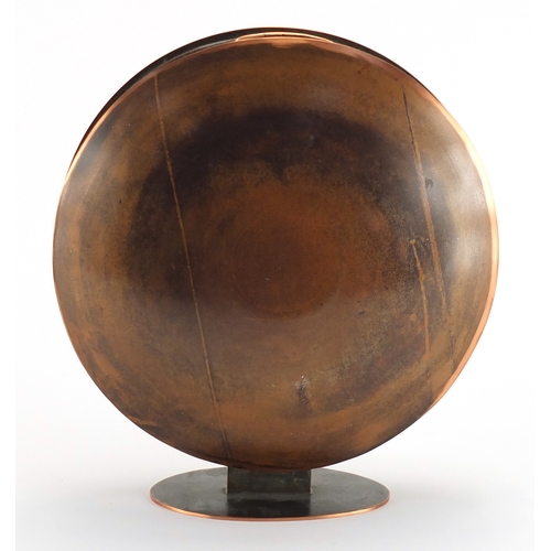 1034 - Sam Fanaroff circular copper vase having an applied abstract design, impressed SF05 to the base, 28c... 