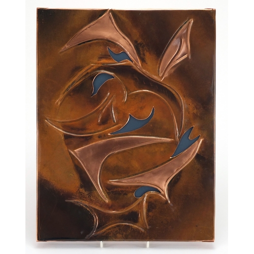 1036 - Sam Fanaroff rectangular copper wall plaque having a stylised floral design, impressed SF 2015 to th... 