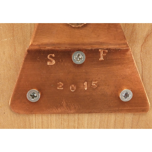 1036 - Sam Fanaroff rectangular copper wall plaque having a stylised floral design, impressed SF 2015 to th... 