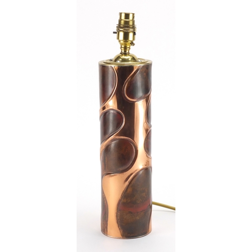 1037 - Sam Fanaroff cylindrical copper and brass lamp base, impressed SF to the base, 35.5cm high