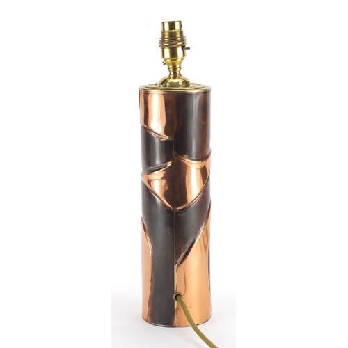 1037 - Sam Fanaroff cylindrical copper and brass lamp base, impressed SF to the base, 35.5cm high