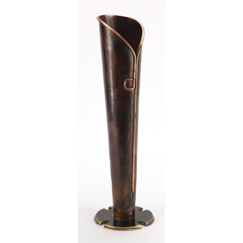 1038 - Sam Fanaroff tapering copper and brass vase having a stylised applied design, impressed SF03 to the ... 