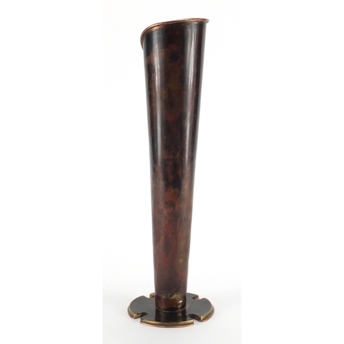 1038 - Sam Fanaroff tapering copper and brass vase having a stylised applied design, impressed SF03 to the ... 