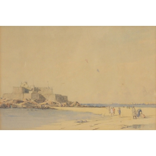 1496 - Martin Hardie - Figures on a beach, pencil and watercolour, mounted and framed, 34.5cm x 23.5cm