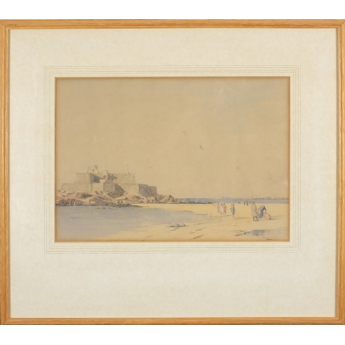 1496 - Martin Hardie - Figures on a beach, pencil and watercolour, mounted and framed, 34.5cm x 23.5cm