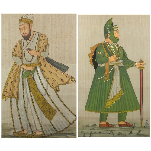 1460 - Two Mughal princes, near pair of Indian gouache's on silk, each framed, the largest 69cm x 49cm