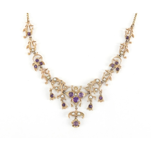 1054 - 9ct gold amethyst and seed pearl necklace with insect motif, housed in a Victorian tooled leather bo... 