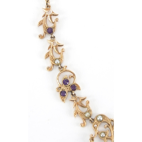 1054 - 9ct gold amethyst and seed pearl necklace with insect motif, housed in a Victorian tooled leather bo... 