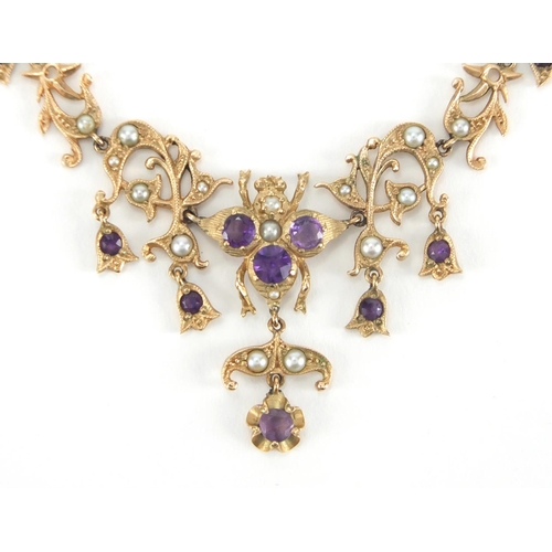 1054 - 9ct gold amethyst and seed pearl necklace with insect motif, housed in a Victorian tooled leather bo... 