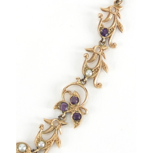 1054 - 9ct gold amethyst and seed pearl necklace with insect motif, housed in a Victorian tooled leather bo... 