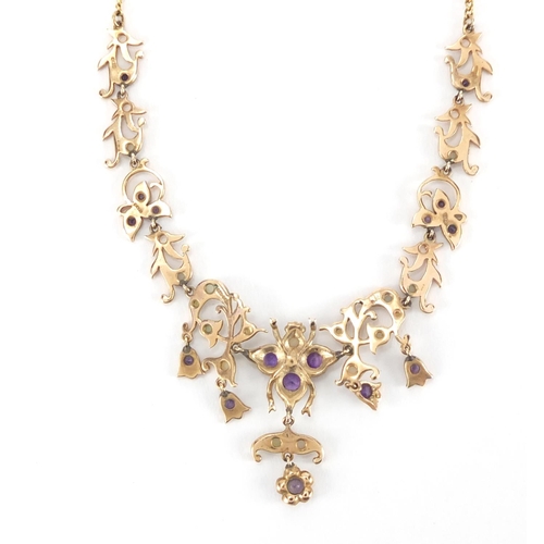 1054 - 9ct gold amethyst and seed pearl necklace with insect motif, housed in a Victorian tooled leather bo... 