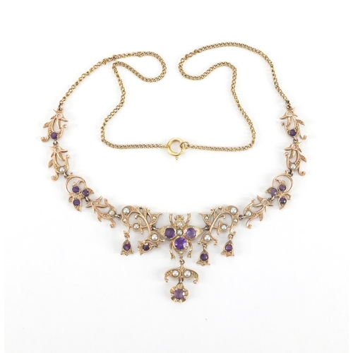 1054 - 9ct gold amethyst and seed pearl necklace with insect motif, housed in a Victorian tooled leather bo... 