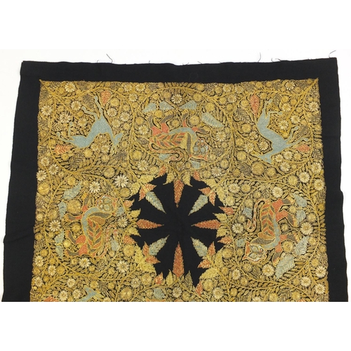 787 - Indian gold braided textile depicting mythical animals amongst flowers, 90cm x 87cm