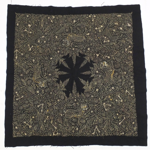787 - Indian gold braided textile depicting mythical animals amongst flowers, 90cm x 87cm