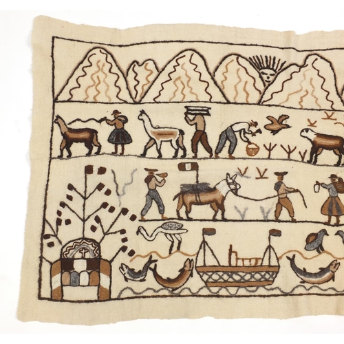 788 - Textile depicting figures and animals, possibly South American, 144cm x 83cm
