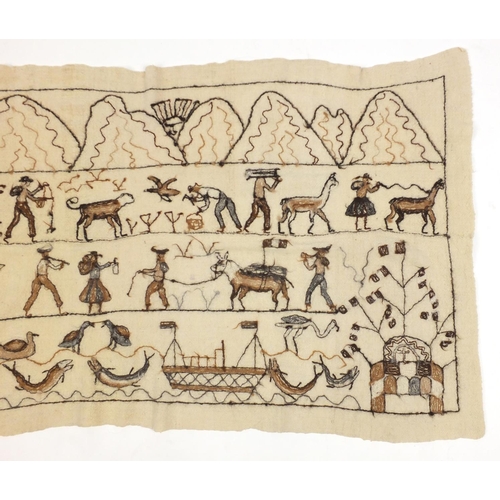 788 - Textile depicting figures and animals, possibly South American, 144cm x 83cm