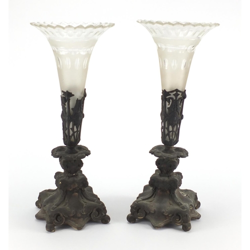 88 - Pair of German silver plated and etched glass vases, impressed Henninger, each 41cm high