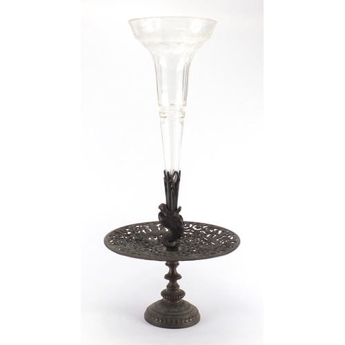 86 - 19th century classical bronze and cut glass centre piece, with dolphin support, 63.5cm high