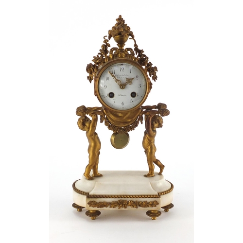 1261 - 19th century French gilt metal and white marble mantel clock modelled with two putti, the enamelled ... 