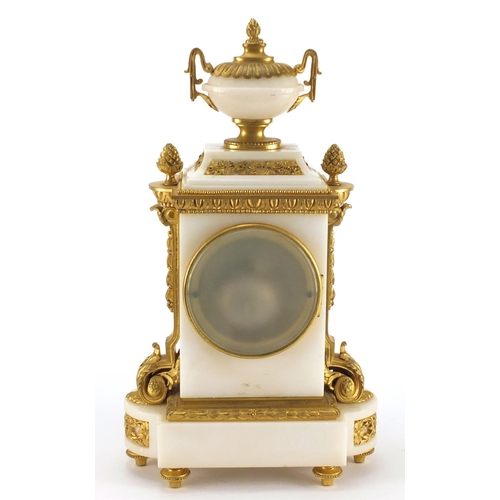 1259 - 19th century French ormolu and white marble mantel clock striking on a bell, the enamelled dial insc... 