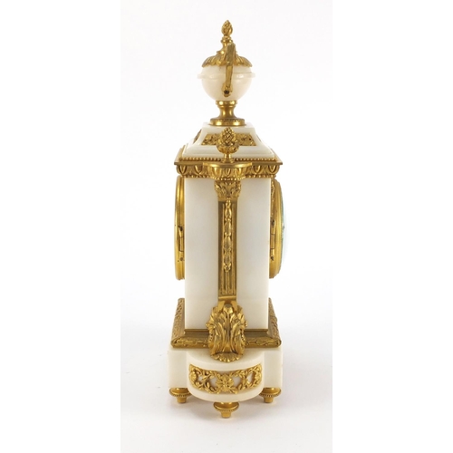 1259 - 19th century French ormolu and white marble mantel clock striking on a bell, the enamelled dial insc... 