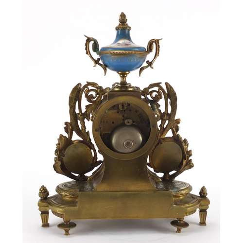 1260 - French brass mantel clock, with Sèvres style panels hand painted with classical figures, the movemen... 