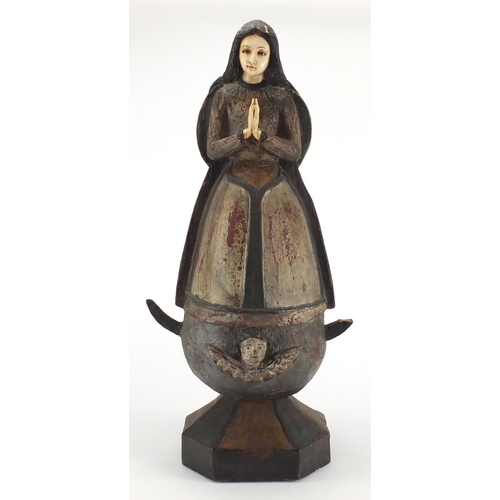 78 - Antique wood carving of Madonna with ivory face, hands and miniature inset glass eyes, 51cm high