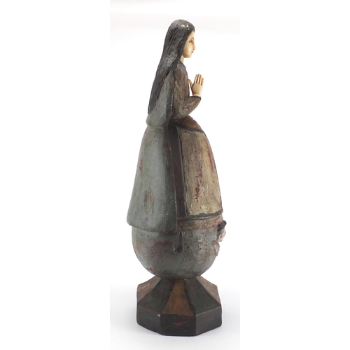 78 - Antique wood carving of Madonna with ivory face, hands and miniature inset glass eyes, 51cm high