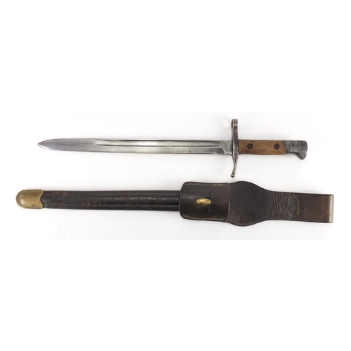 487 - Military interest bayonet with leather scabbard and frog, the bayonet impressed Tern and numbered 14... 