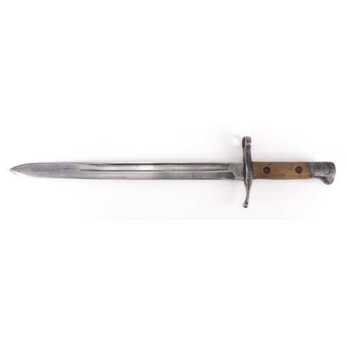 487 - Military interest bayonet with leather scabbard and frog, the bayonet impressed Tern and numbered 14... 