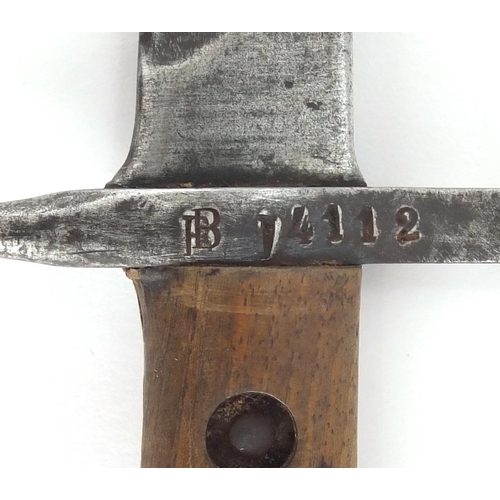 487 - Military interest bayonet with leather scabbard and frog, the bayonet impressed Tern and numbered 14... 