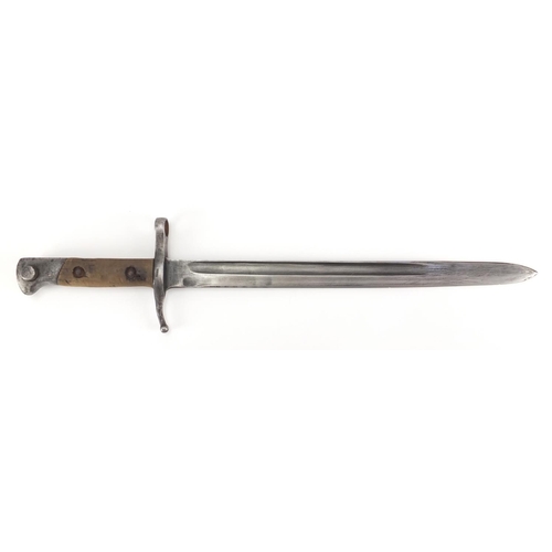 487 - Military interest bayonet with leather scabbard and frog, the bayonet impressed Tern and numbered 14... 