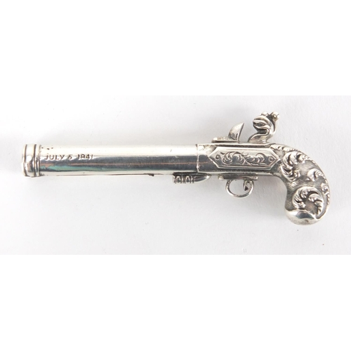 74 - 19th century S Mordan & Co unmarked silver propelling pencil in the form of a flintlock pistol with ... 