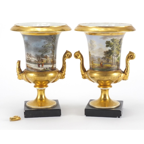 822 - Pair of 19th century Campana urn vases with twin handles, each finely hand painted with a summer and... 