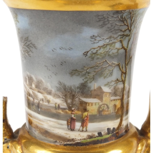 822 - Pair of 19th century Campana urn vases with twin handles, each finely hand painted with a summer and... 