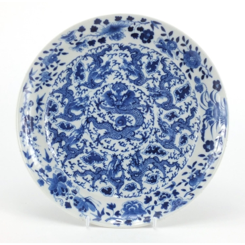 539 - Chinese blue and white porcelain plate, hand painted with dragons amongst clouds, chasing the flamin... 