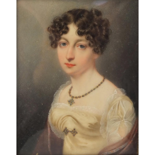 1 - Rectangular Georgian hand painted portrait miniature of Sarah Herries, housed in a rectangular gilt ... 