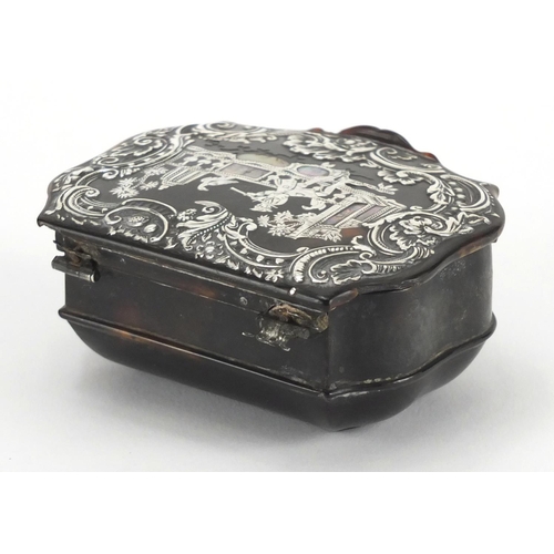 17 - Late 18th/Early 19th century tortoiseshell snuff box, the hinged lid inlaid with silver and mother o... 