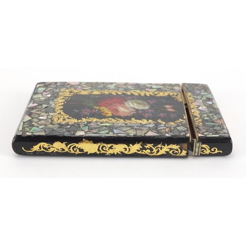 13 - Victorian Papier-mâché and abalone calling card case, hand painted and gilded with flowers, 10cm hig... 
