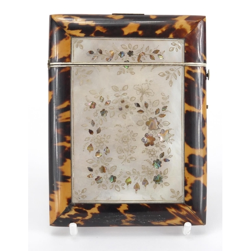 14 - Victorian blonde tortoiseshell, Mother of Pearl and Abalone calling card case, decorated with flower... 