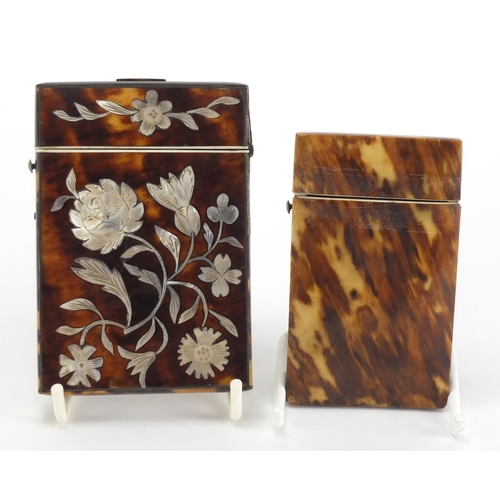 15 - Two Victorian blonde tortoiseshell calling card cases, one with Mother of Pearl inlay decorated with... 